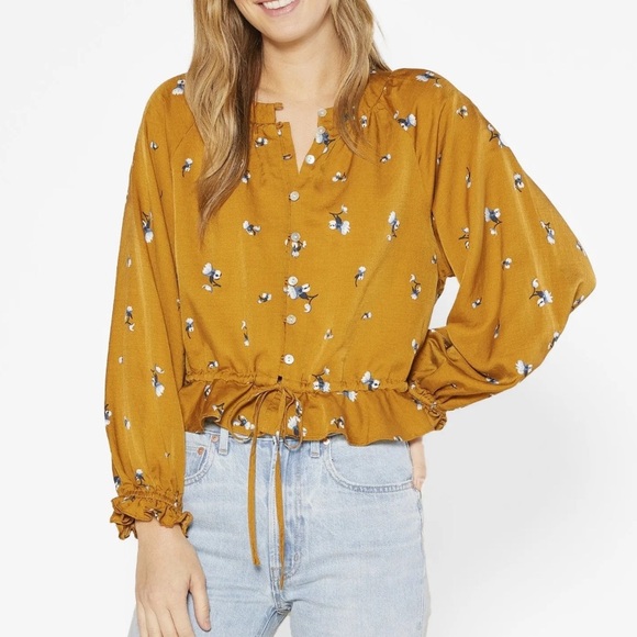 Outerknown Poet Blouse Mustard V Neck Button Waist Tie Floral Blouse S - Picture 1 of 7